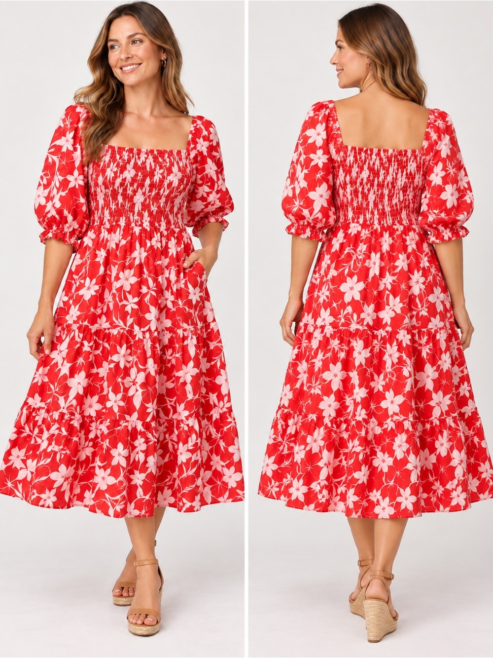 King’s Road XL Red White Floral Smocked Puff Sleeve Cotton Midi Dress